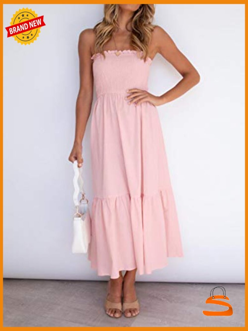 Strapless Smocked Maxi Dress with Ruffle Trim A-Line Summer Beach - Picture 5 of 7